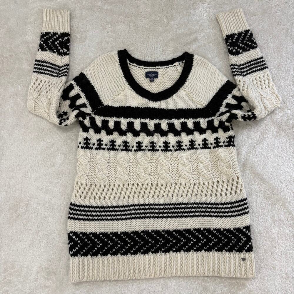 American Eagle Womens Small Fair Isle Cable Knit Sweater Wool Blend Black Ivory